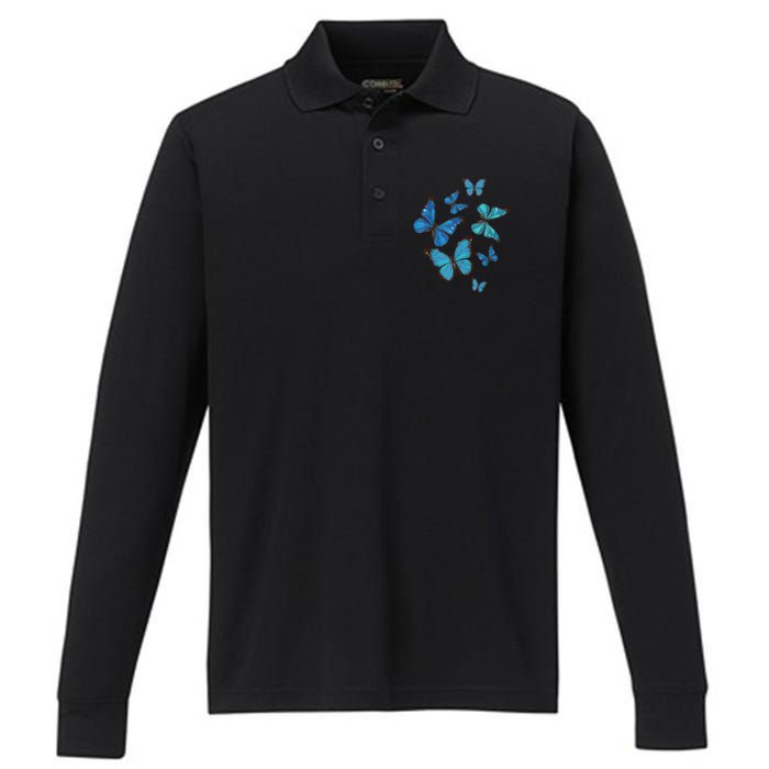 Blue Morpho Butterfly Swarm Lepidoptera Lover Entomologist Performance Long Sleeve Polo