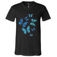 Blue Morpho Butterfly Swarm Lepidoptera Lover Entomologist V-Neck T-Shirt