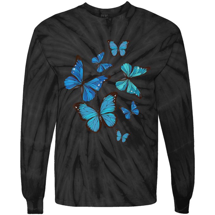 Blue Morpho Butterfly Swarm Lepidoptera Lover Entomologist Tie-Dye Long Sleeve Shirt