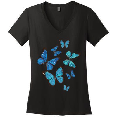 Blue Morpho Butterfly Swarm Lepidoptera Lover Entomologist Women's V-Neck T-Shirt