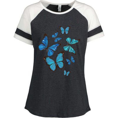 Blue Morpho Butterfly Swarm Lepidoptera Lover Entomologist Enza Ladies Jersey Colorblock Tee