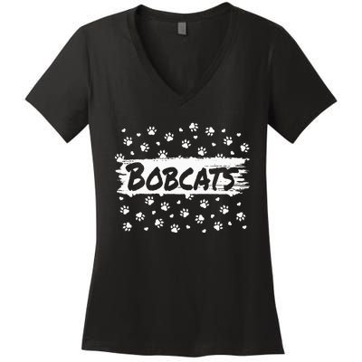 Bobcats Mascot Back To School Spirit Footprint Heart Squad Women's V-Neck T-Shirt