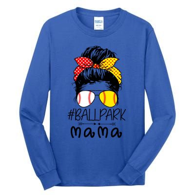 Ballpark Mama Baseball Softball Mother's Day Mom Messy Bun Funny Gift Tall Long Sleeve T-Shirt