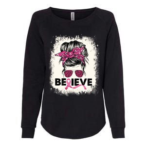 Believe Messy Bun Breast Cancer Awareness Pink Ribbon Gift Womens California Wash Sweatshirt