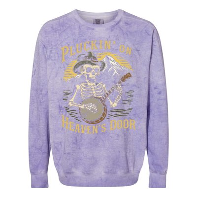 Bluegrass Music Banjo Skeleton Pluckin On Heavens Door Colorblast Crewneck Sweatshirt