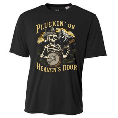 Bluegrass Music Banjo Skeleton Pluckin On Heavens Door Cooling Performance Crew T-Shirt