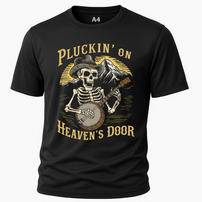 Bluegrass Music Banjo Skeleton Pluckin On Heavens Door Cooling Performance Crew T-Shirt