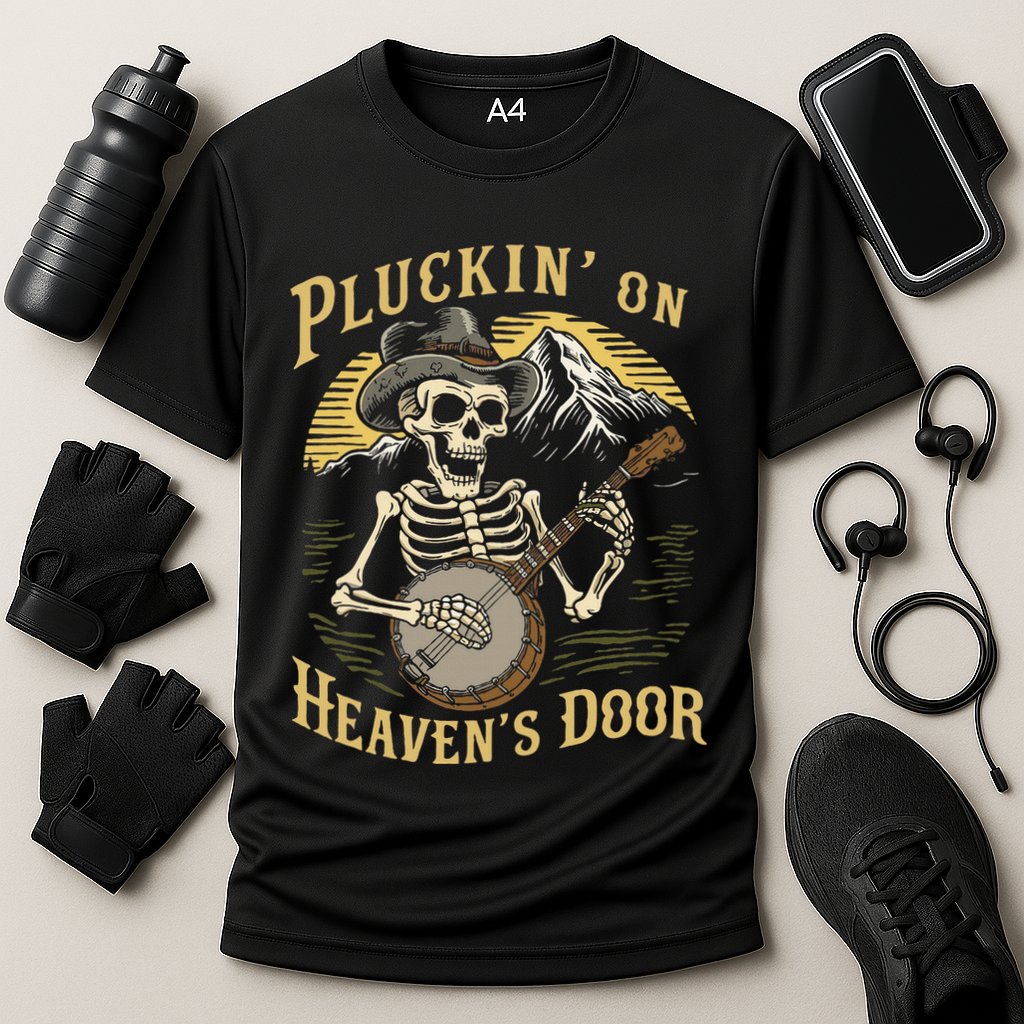 Bluegrass Music Banjo Skeleton Pluckin On Heavens Door Cooling Performance Crew T-Shirt