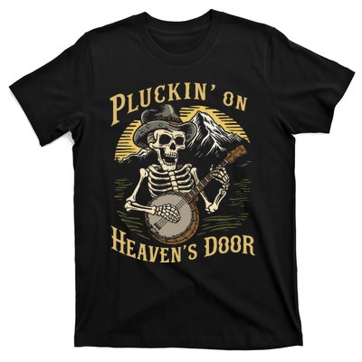 Bluegrass Music Banjo Skeleton Pluckin On Heavens Door T-Shirt