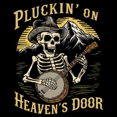 Bluegrass Music Banjo Skeleton Pluckin On Heavens Door T-Shirt