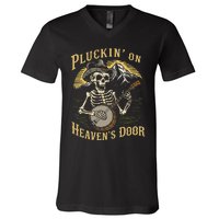 Bluegrass Music Banjo Skeleton Pluckin On Heavens Door V-Neck T-Shirt