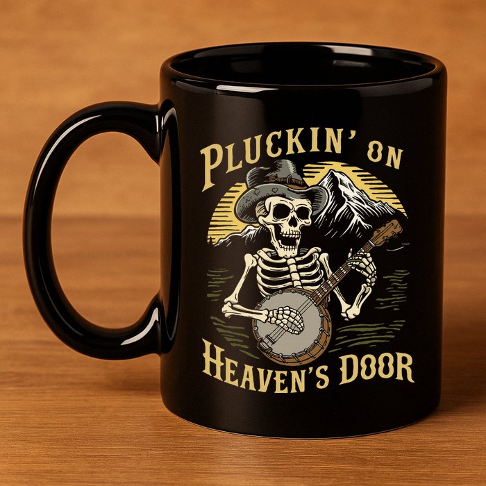 Bluegrass Music Banjo Skeleton Pluckin On Heavens Door 11oz C Handle Ceramic Mug