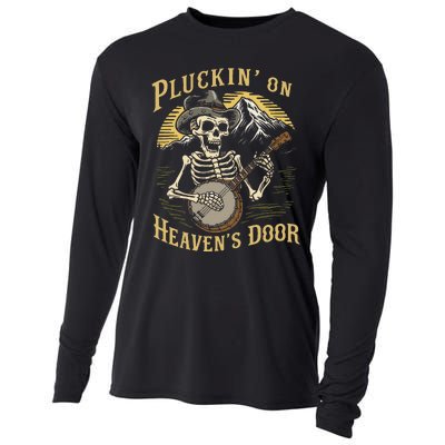 Bluegrass Music Banjo Skeleton Pluckin On Heavens Door Cooling Performance Long Sleeve Crew