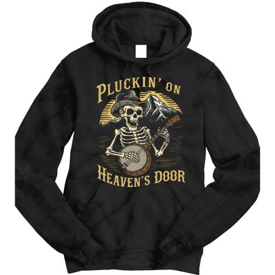 Bluegrass Music Banjo Skeleton Pluckin On Heavens Door Tie Dye Hoodie