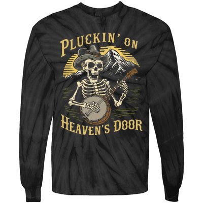 Bluegrass Music Banjo Skeleton Pluckin On Heavens Door Tie-Dye Long Sleeve Shirt