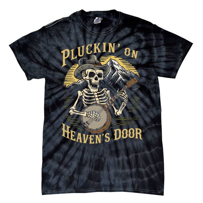 Bluegrass Music Banjo Skeleton Pluckin On Heavens Door Tie-Dye T-Shirt