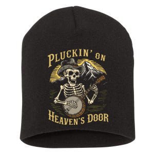 Bluegrass Music Banjo Skeleton Pluckin On Heavens Door Short Acrylic Beanie