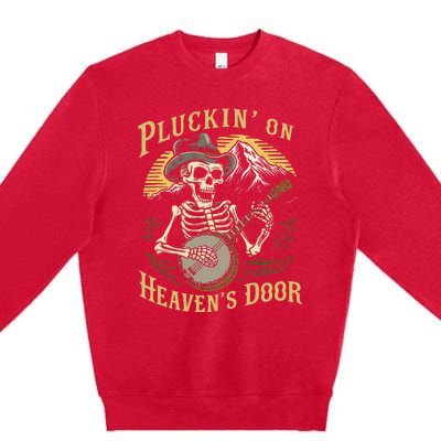 Bluegrass Music Banjo Skeleton Pluckin On Heavens Door Premium Crewneck Sweatshirt