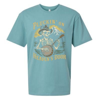 Bluegrass Music Banjo Skeleton Pluckin On Heavens Door Sueded Cloud Jersey T-Shirt