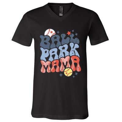 Ballpark Mama Baseball Mom Softball Mom Mothers Day Groovy V-Neck T-Shirt