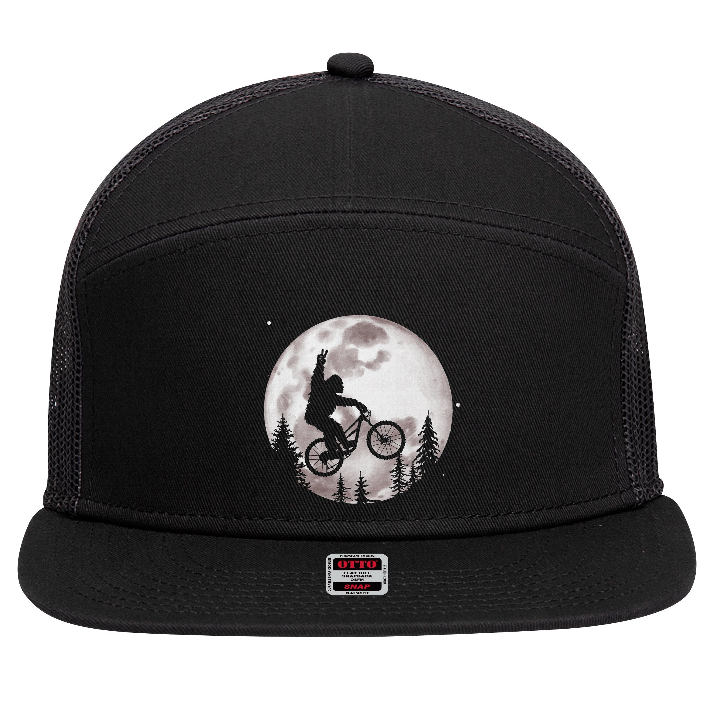 Bigfoot Mountain Bike With Moon Funny Biking 7 Panel Mesh Trucker Snapback Hat