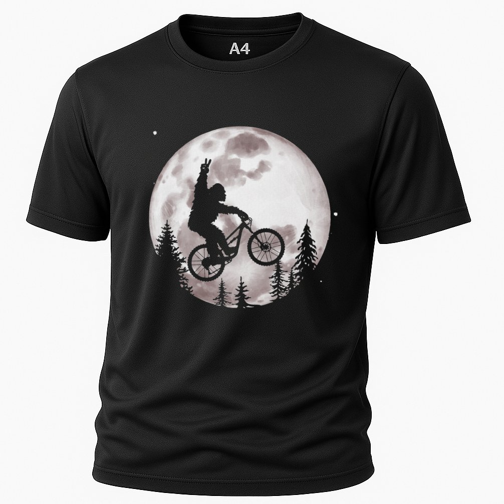 Bigfoot Mountain Bike With Moon Funny Biking Cooling Performance Crew T-Shirt
