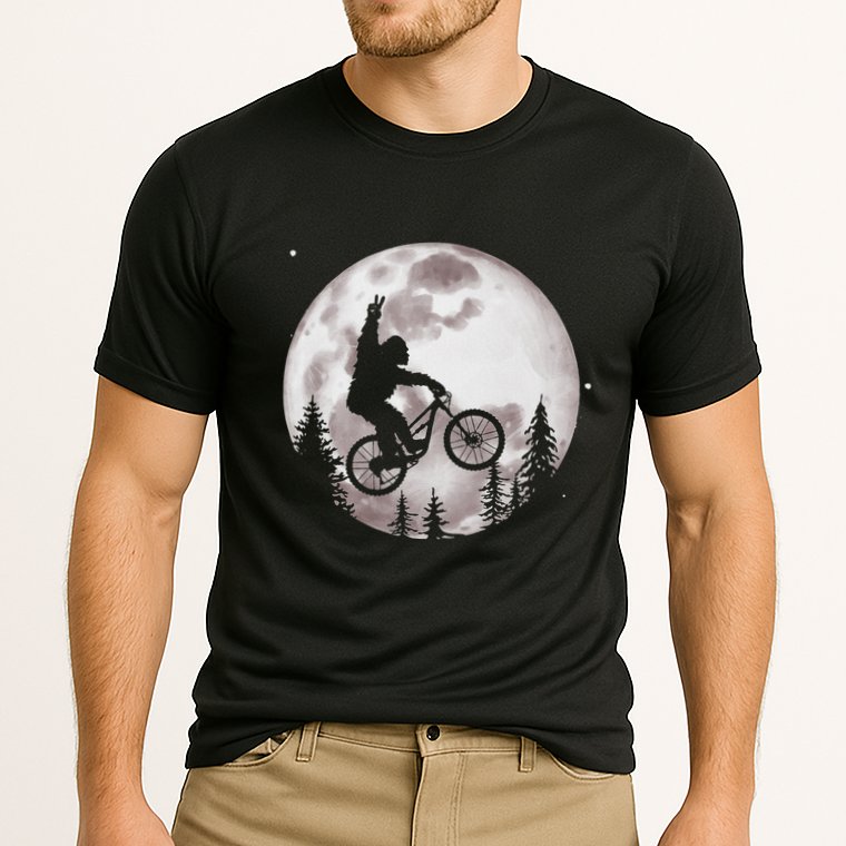 Bigfoot Mountain Bike With Moon Funny Biking Cooling Performance Crew T-Shirt