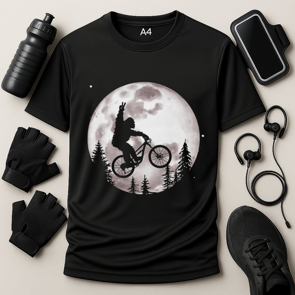 Bigfoot Mountain Bike With Moon Funny Biking Cooling Performance Crew T-Shirt