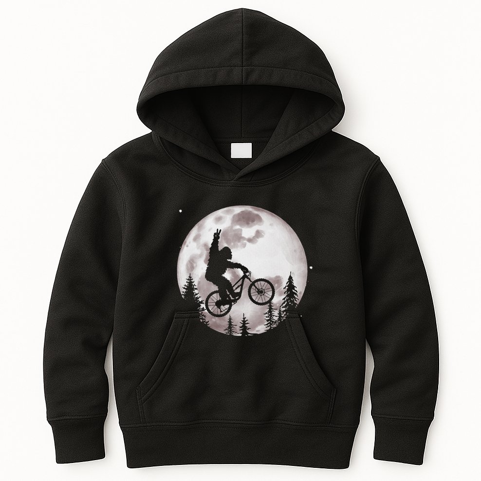 Bigfoot Mountain Bike With Moon Funny Biking Kids Hoodie