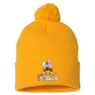 Bunny Messy Bun Easter Teacher Easter Day Girl Wo Pom Pom 12in Knit Beanie