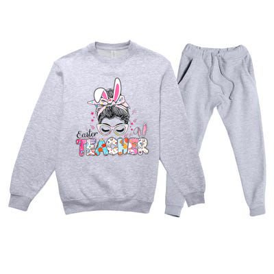 Bunny Messy Bun Easter Teacher Easter Day Girl Wo Premium Crewneck Sweatsuit Set