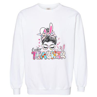 Bunny Messy Bun Easter Teacher Easter Day Girl Wo Garment-Dyed Sweatshirt