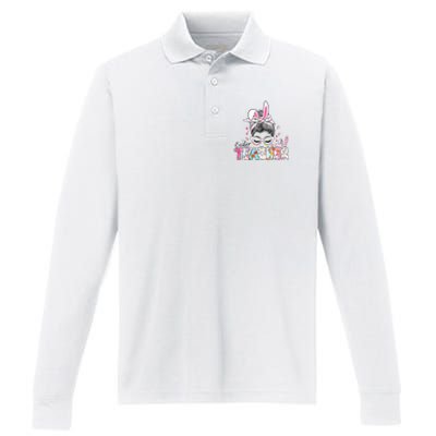 Bunny Messy Bun Easter Teacher Easter Day Girl Wo Performance Long Sleeve Polo