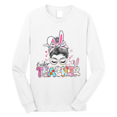 Bunny Messy Bun Easter Teacher Easter Day Girl Wo Long Sleeve Shirt