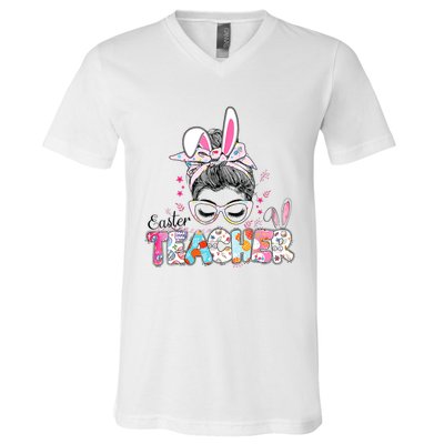 Bunny Messy Bun Easter Teacher Easter Day Girl Wo V-Neck T-Shirt