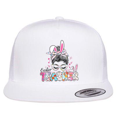 Bunny Messy Bun Easter Teacher Easter Day Girl Wo Flat Bill Trucker Hat