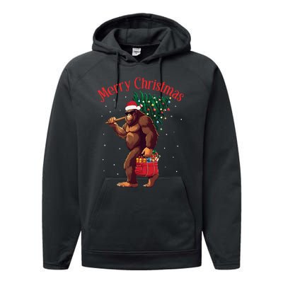 Bigfoot Merry Christmas Tree Lights Sasquatch Xmas Santa Performance Fleece Hoodie