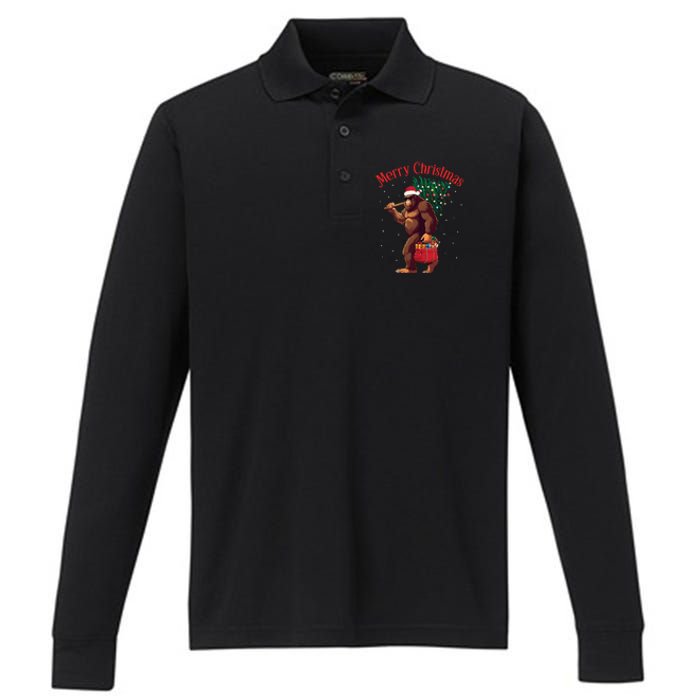 Bigfoot Merry Christmas Tree Lights Sasquatch Xmas Santa Performance Long Sleeve Polo