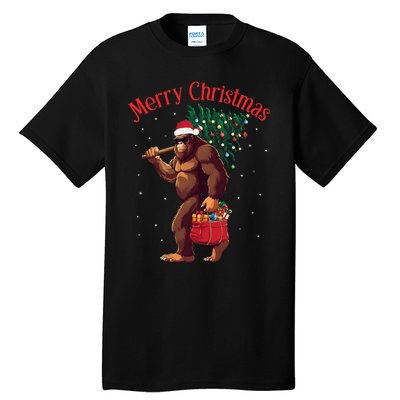 Bigfoot Merry Christmas Tree Lights Sasquatch Xmas Santa Tall T-Shirt