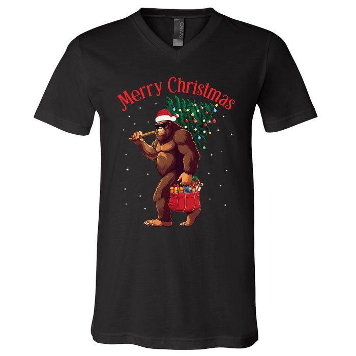 Bigfoot Merry Christmas Tree Lights Sasquatch Xmas Santa V-Neck T-Shirt