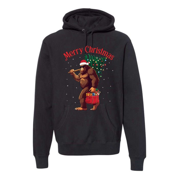 Bigfoot Merry Christmas Tree Lights Sasquatch Xmas Santa Premium Hoodie