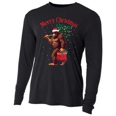 Bigfoot Merry Christmas Tree Lights Sasquatch Xmas Santa Cooling Performance Long Sleeve Crew