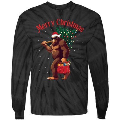 Bigfoot Merry Christmas Tree Lights Sasquatch Xmas Santa Tie-Dye Long Sleeve Shirt