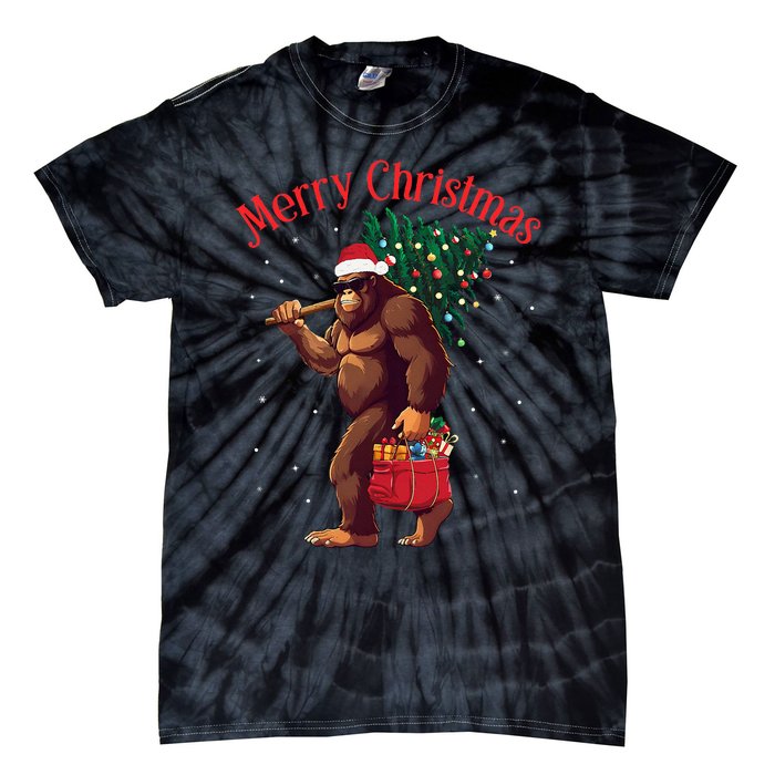 Bigfoot Merry Christmas Tree Lights Sasquatch Xmas Santa Tie-Dye T-Shirt