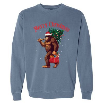 Bigfoot Merry Christmas Tree Lights Sasquatch Xmas Santa Garment-Dyed Sweatshirt