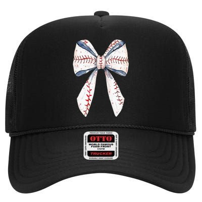 Baseball Mom Coquette Bow Mothers Day Baseball Mama High Crown Mesh Back Trucker Hat