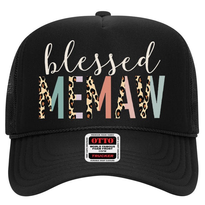 Blessed Memaw Cute Leopard Print High Crown Mesh Back Trucker Hat