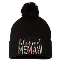 Blessed Memaw Cute Leopard Print Pom Pom 12in Knit Beanie