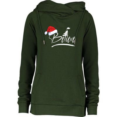 Believe | Merry Christmas Womens Funnel Neck Pullover Hood