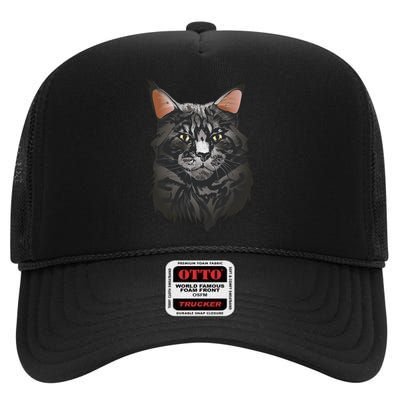 British Maine Coon Cat Portrait High Crown Mesh Back Trucker Hat